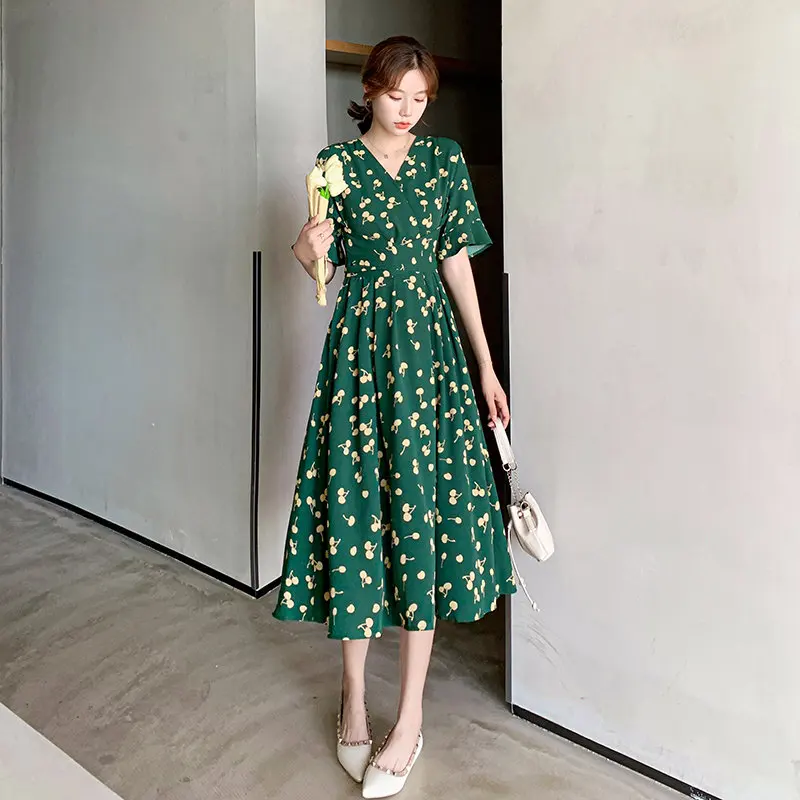 

Mid Long A-line Spring Summer Dress Green Base Yellow Polka Dot Pattern Sweet V-neck Glam Lotus Leaf Sleeve Dress For Female