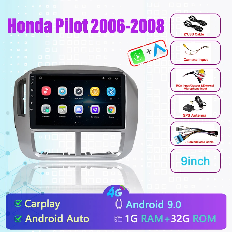 Carplay Android Radio Capacitive Touch Screen for Honda Pilot 2006-2008 with 9 inch GPS Navigation Bluetooth USB Player Stereo