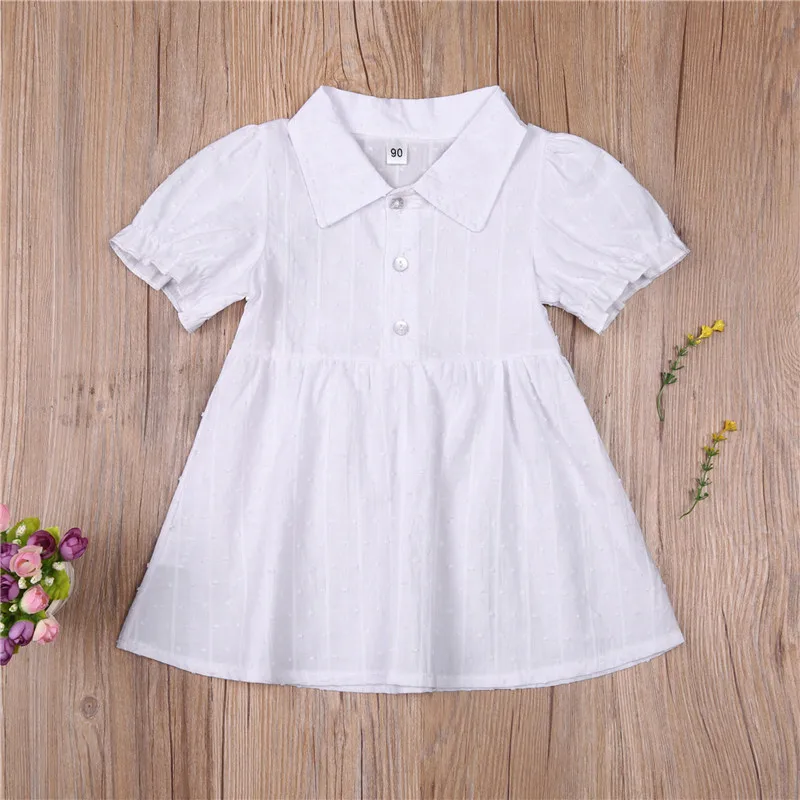 

Kids Dress Solid Color Turn-Down Collar Short Sleeve Skirt for Summer White 1-6 Years