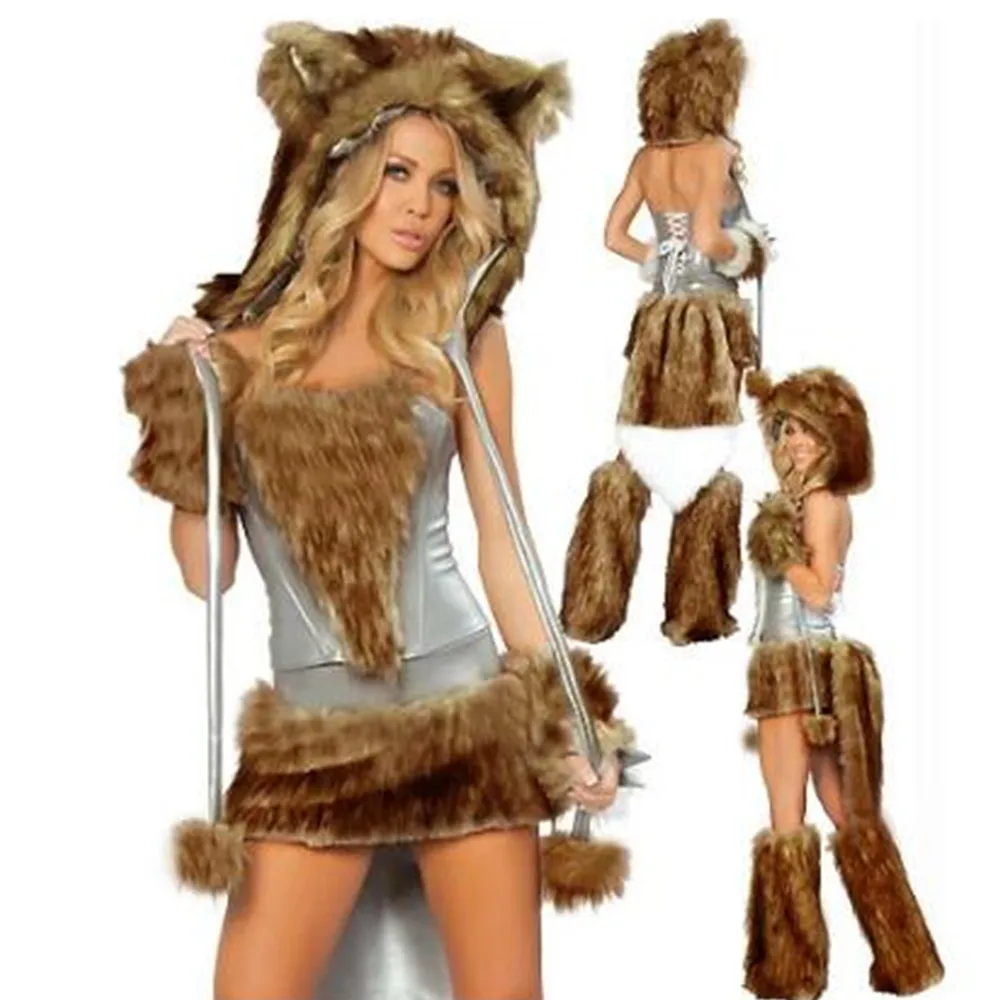 Women Sexy Animal Furry Wolf Girl Dress Grey Big Bad Wolf Cosplay Costumes Full Suit Adult Halloween Christmas Fancy Dress Up