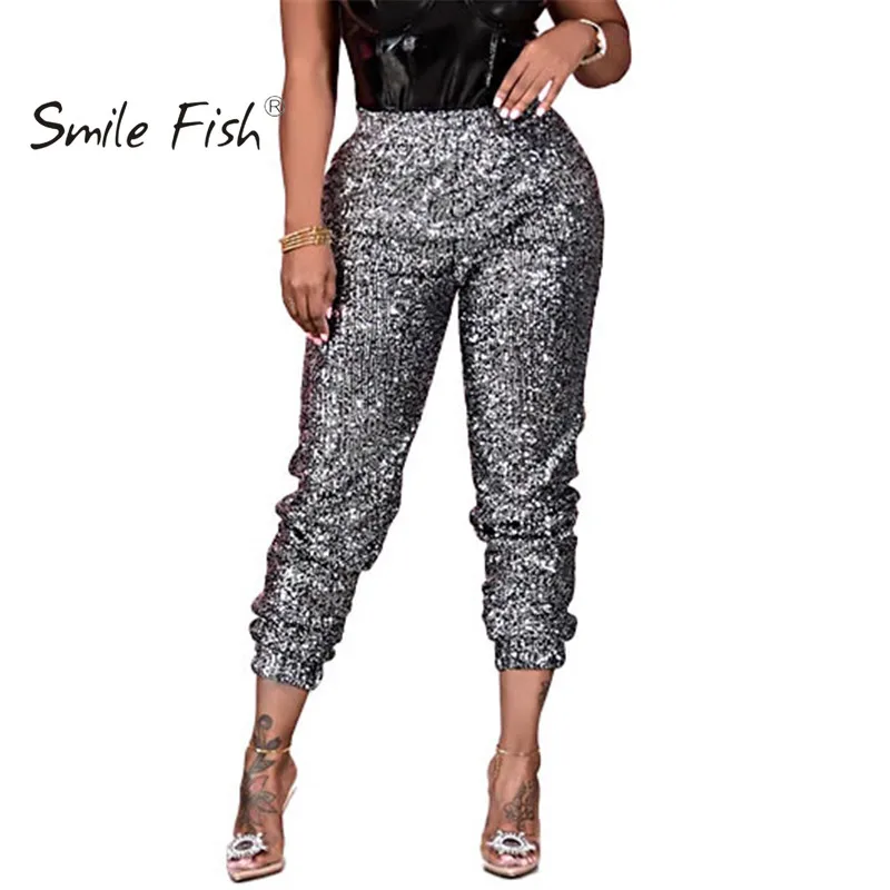 

Осенне-зимние блестящие серебристые женские брюки с высокой талией, Однотонные эластичные прямые брюки, облегающие повседневные пикантные...