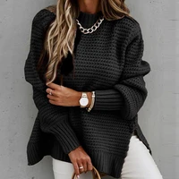 ladies winter casual loose slit jumper women solid ribbed knit sweaters fashion elegant o neck lantern long sleeve pullover tops