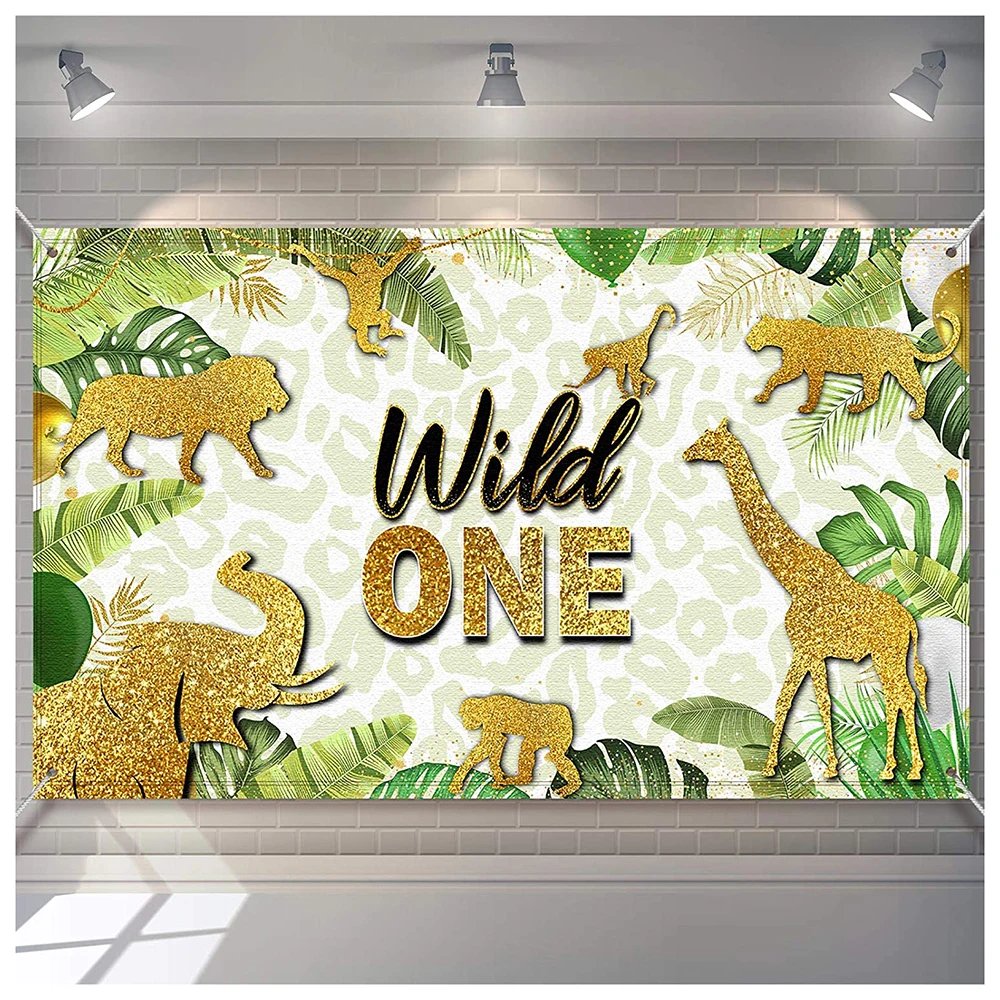 

Forest Jungle Theme Gold Backdrop 1st Happy First Birthday Party Banner Photo Booth Photography Background Purple for Girls