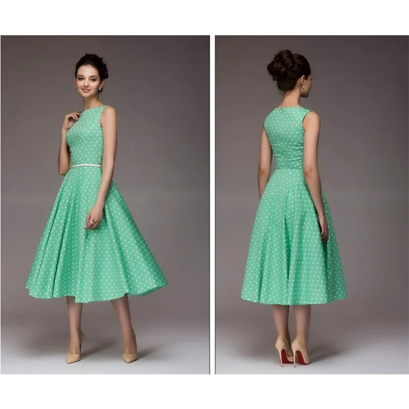 

New Vintage Polka Dot Swing Party Dresses Summer Lady Sleeveless O-neck Elegant Dress Casual Boho Midi Dress Robe Female