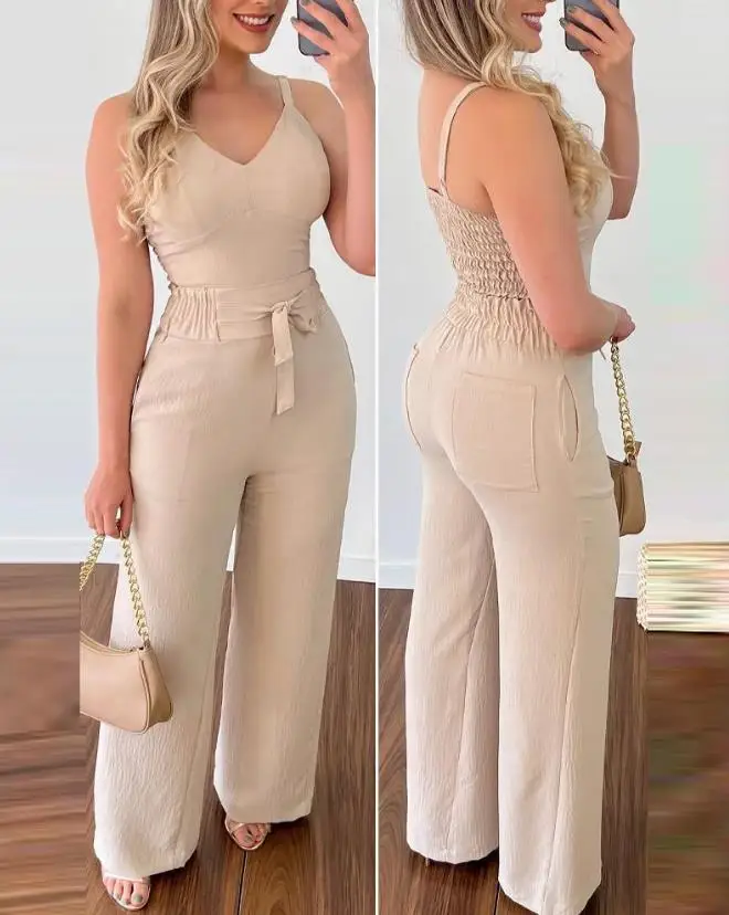 

Casual Shirred Cami Top & High Waist Pants Set Plain V-Neck Spaghetti Strap Summer Tied Detail Fashion Women's Two Piece Outfits