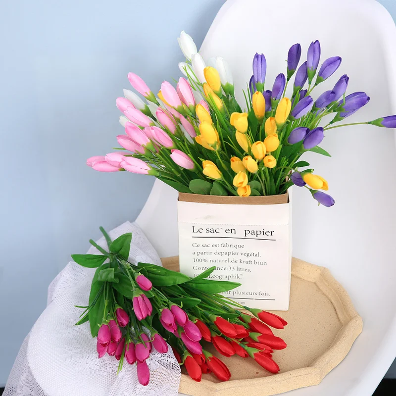 

21 Heads Mini Tulip Artificial Flower Fake Flower Real Touch Bouquet for Wedding Decoration Party Home Outdoor Decor