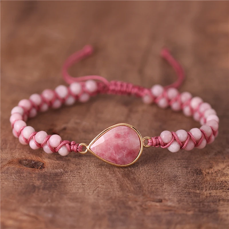 

Rhodonite Teardrop Charm Braided Pink Opal Beads Bracelets Bohemian Gemstone Cord Macrame Bracelet Women Jewelry Dropshipping