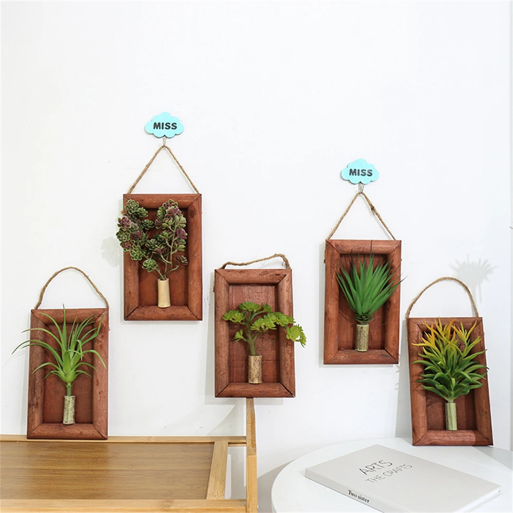 Artificial Plant Wall Mounted with Rope Home Decoration Photo Frame Green Fake Plants Succulents Grass Flower Plastic Ornament
