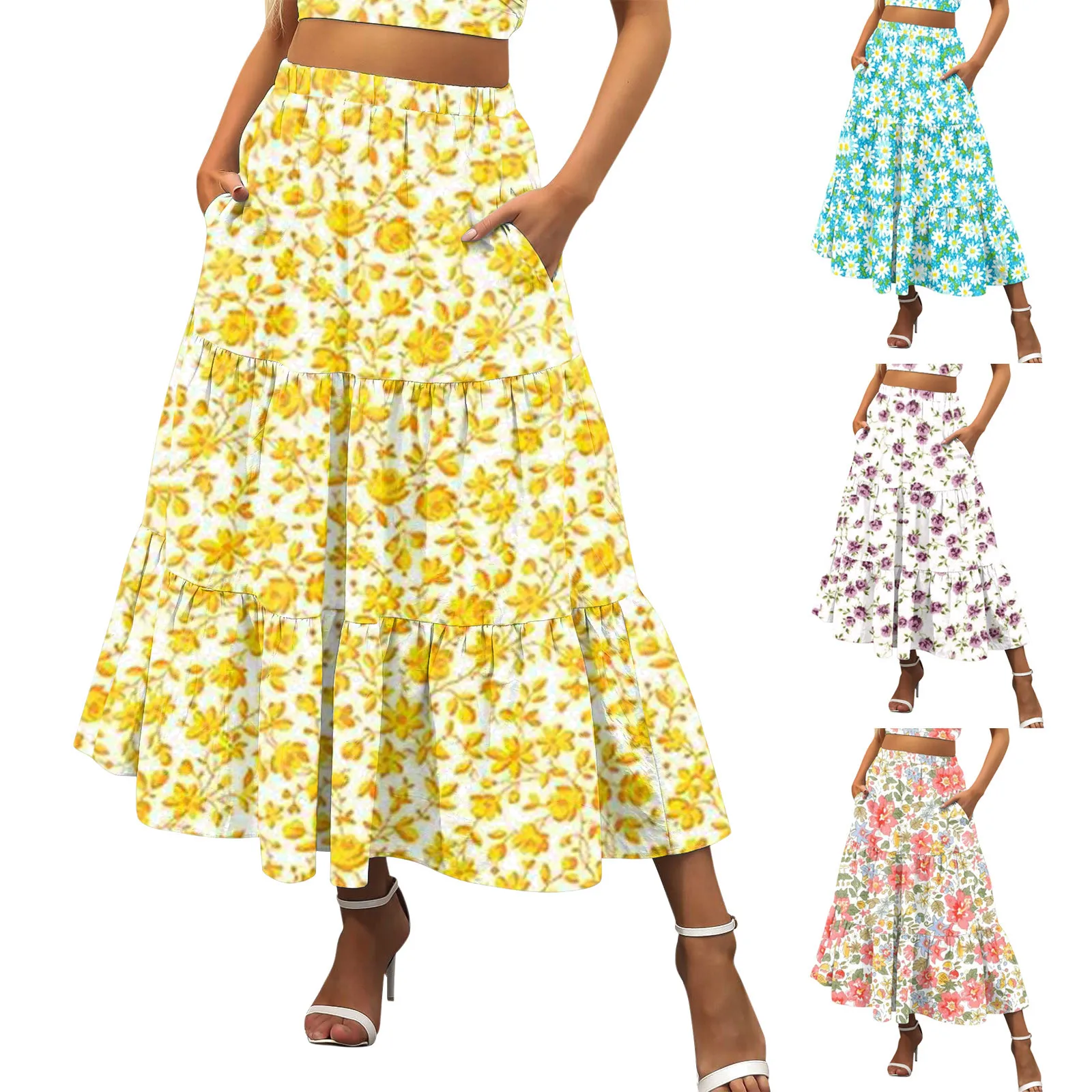 

Dress Boho Waist Elastic Line A Pocket Pleated Swing Beach Summer Tiered Long Skirt Women Flowy Printing Skirt