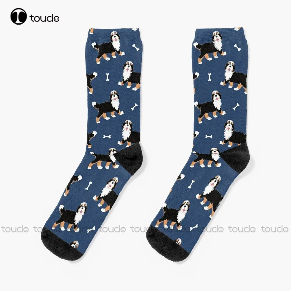 Cute Tri Color Bernedoodle Dog Dogs Puppy Puppies - Blue Background Socks Cute Socks Custom Gift Streetwear Funny Sock Art