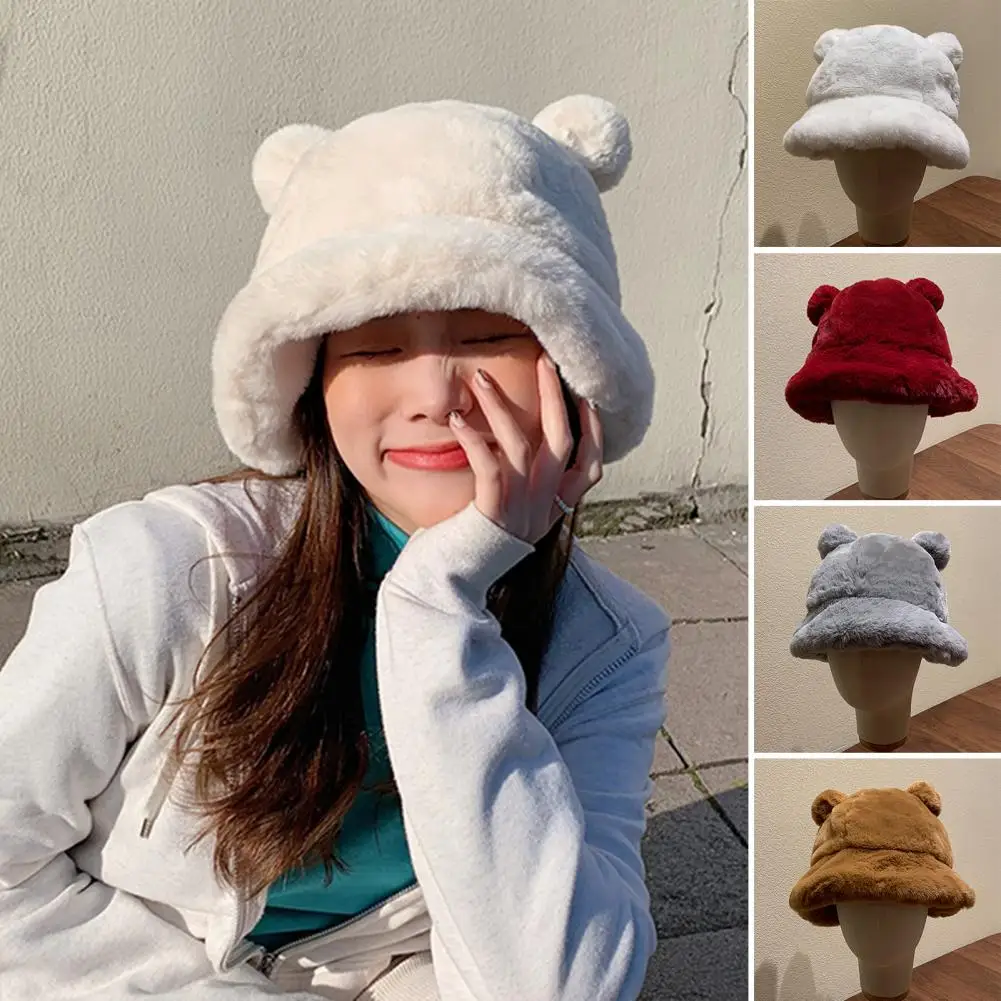 

Winter Fisherman Hat Short Brim Plush Solid Color Bear Ear Ball Soft Head Protection Thick Cozy Winter Basin Hat for Outdoor