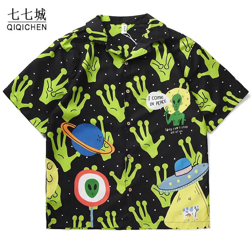 

Casual Street Printed Shirt Men Short Sleeve Alien Print Women Hawaii Beach Oversize Fashion Harujuku Shirts Couple Summer 2022