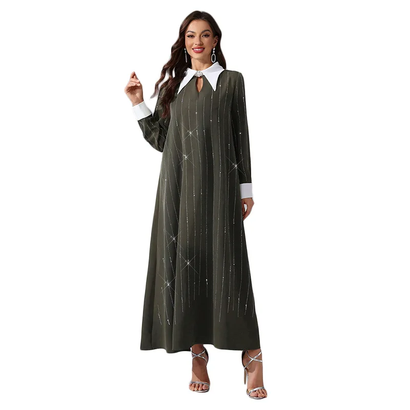 SuperAen Elegant Long Sleeve Dress Fashion Hot Diamond Contrast Colour Neckline Long Dress (art.: 3920cd8ad6a67) - 3920cd8ad6a67