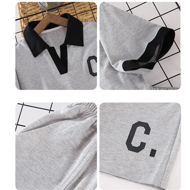 Children's Sport Clothing Set For Boys Short-Sleeved V-Neck T-Shirt+Shorts Solid Color Cotton Two-Piece Summer Teen Kids Outfits