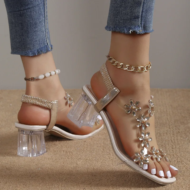 Transparent Square Heel Sandals For Women Luxury Flash Drill Summer High Heels Fashion Women's Shoes Low Heels Sandal Size 43