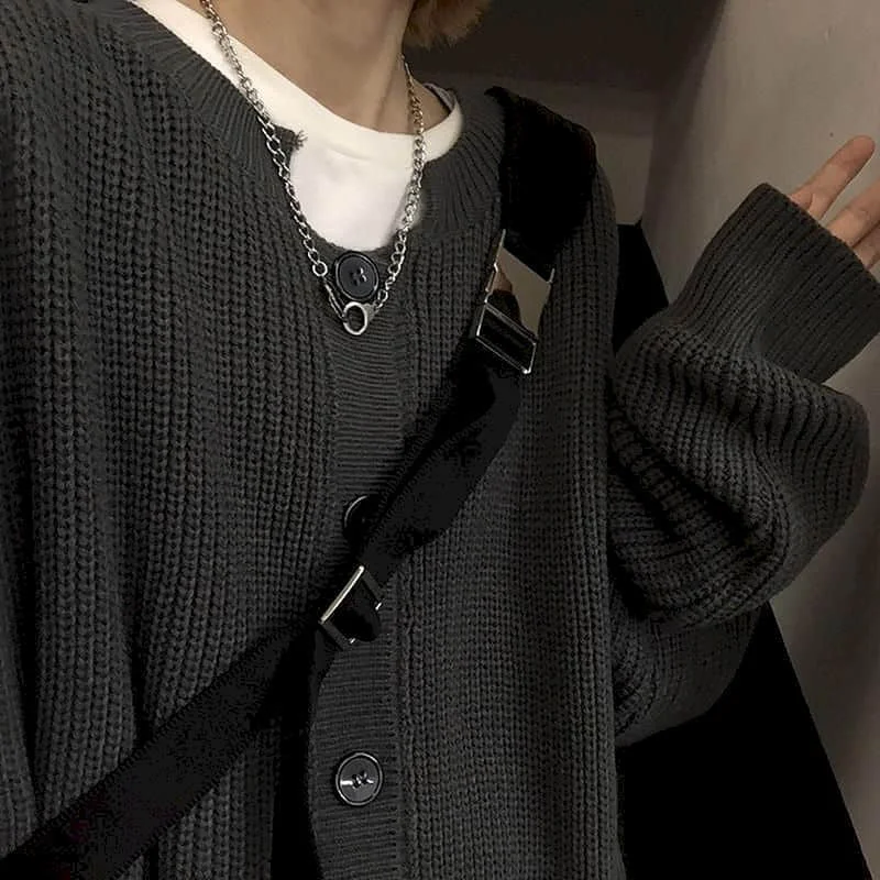 

Sweaters Cardigan men's trend Korean retro all-match pure color big button knitted high street sweater jacket unisex punk urban
