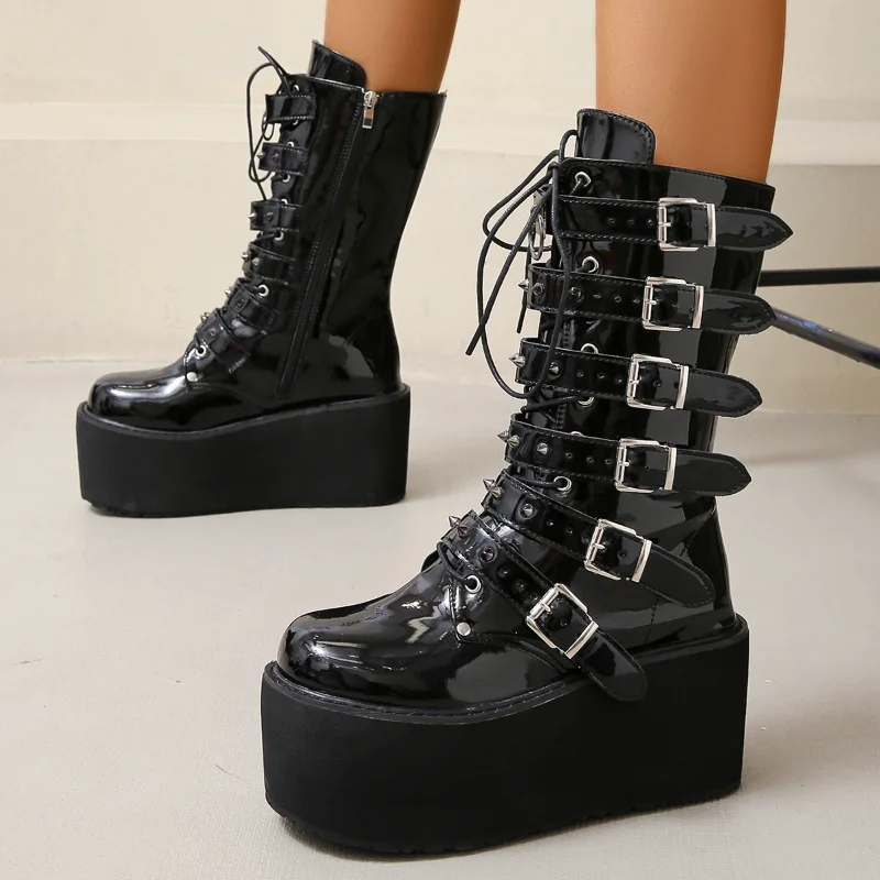 

Brand Women Boots Fashion Gothic Punk Chain High Top Thick Sole Cool Boots Street 2023 New Cosplay Halloween Leather Biker Boots