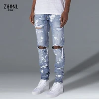 2022 spring and autumn new light blue mens fashion jeans ink print jeans mens fashion ripped elastic skinny youth pencil pants