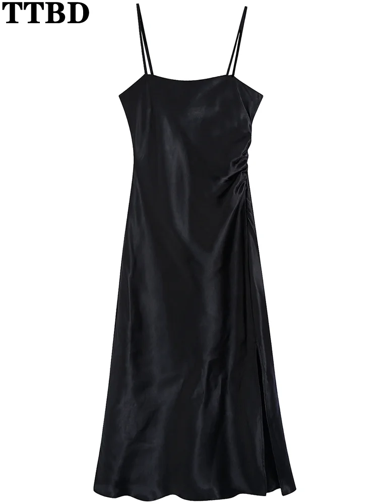 

TTBD traf Women 2022 fashion fold soft touch slit midi camisole summer dress sexy backless thin straps female dresses muje