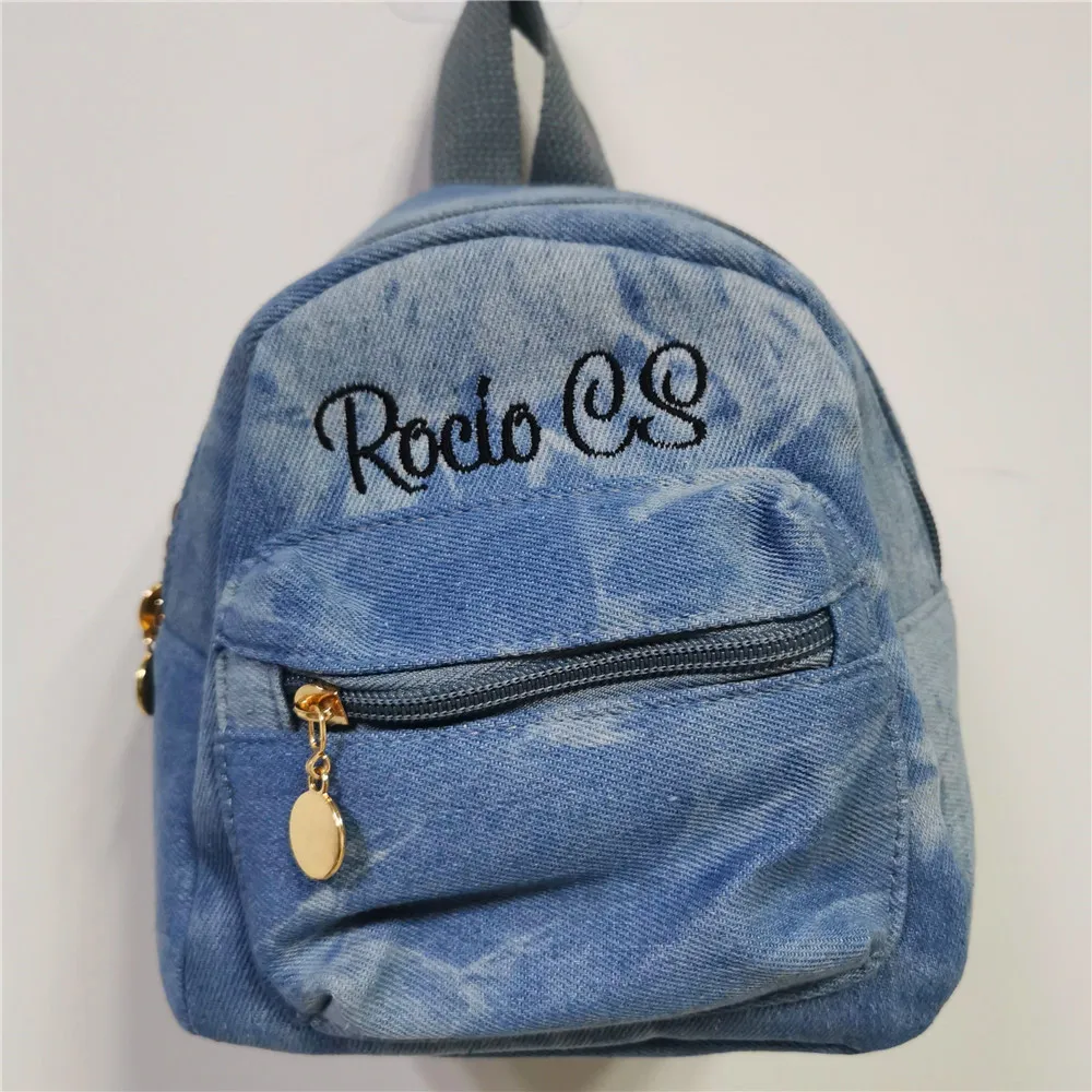 Custom Embroidered Name Women's Mini Denim Backpack Personalized Your Name Outdoor Travelling Shoulder Bags Ladies Gift Bag