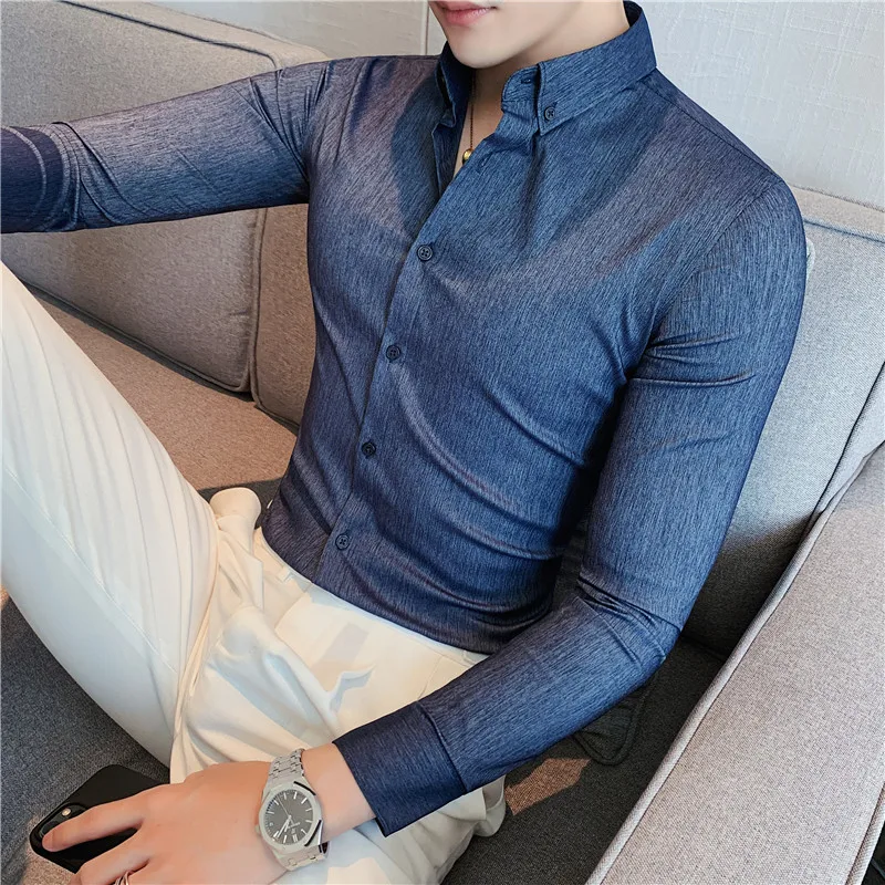 

Mens Quality Long Men Para Camisas Single-breasted Shirt Lujo Hombre Casual Blouses Business De Sleeve 4XL Striped High Elastic