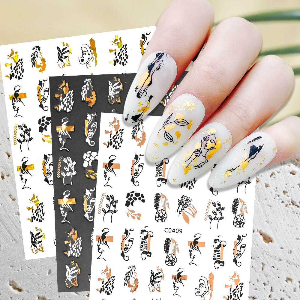

12pcs/lots Abstract Geometry Nail Stickers 3D Laser Gold Black White Leaves Flower Heart Line Adhesive Sliders Holographic Decal