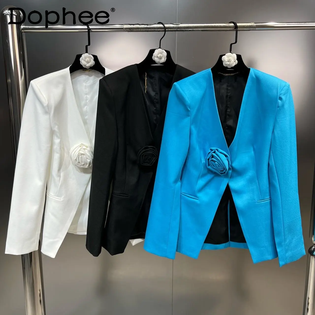 Spring 2023 V-neck Long Sleeve Rose Buckle Bottom Slit Suit Coat Women Temperament Pure Color Simple Business Blazer Jacket Tops