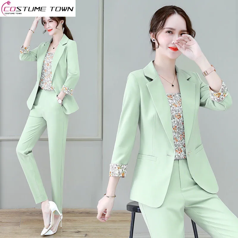 Korean Popular Elegant Women's Boutique Trousers Suit Lapel Jacket Flower Vest Casual Pants Three-piece Office Outfits