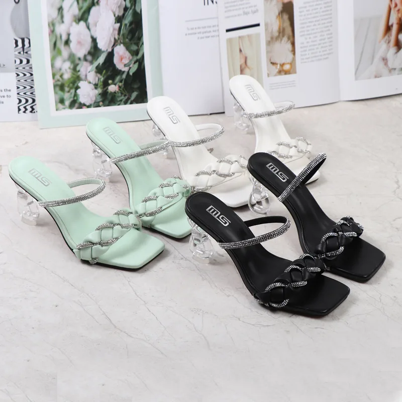 Women High-Heeled Sandals Summer New Rhinestone Hand-woven with Crystal Heel Sandals Fashion Sexy Women's Slippers 8CM