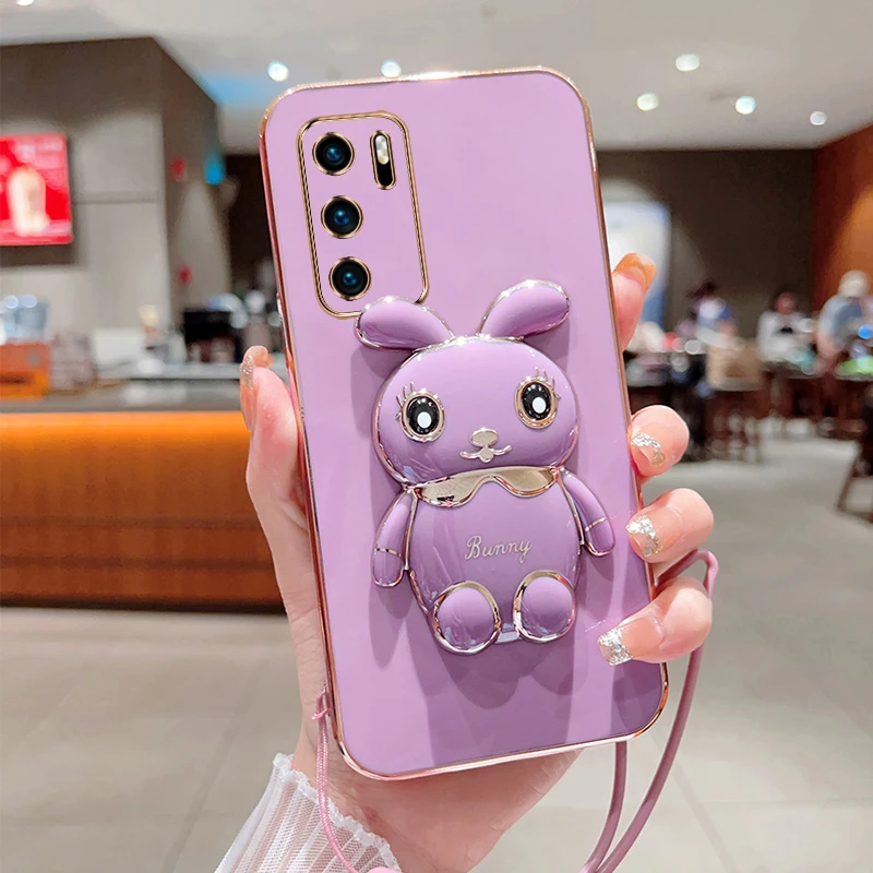 

Симпатичный мультяшный кролик Складная подставка для Huawei Honor P40 чехол для телефона со шнурком роскошный чехол с покрытием