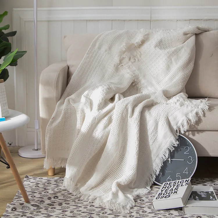 

Nordic Sofa Bed Living Room Decorative Blanket White Plaid Double-sided Cotton Knitted Throw Blanket Bedding