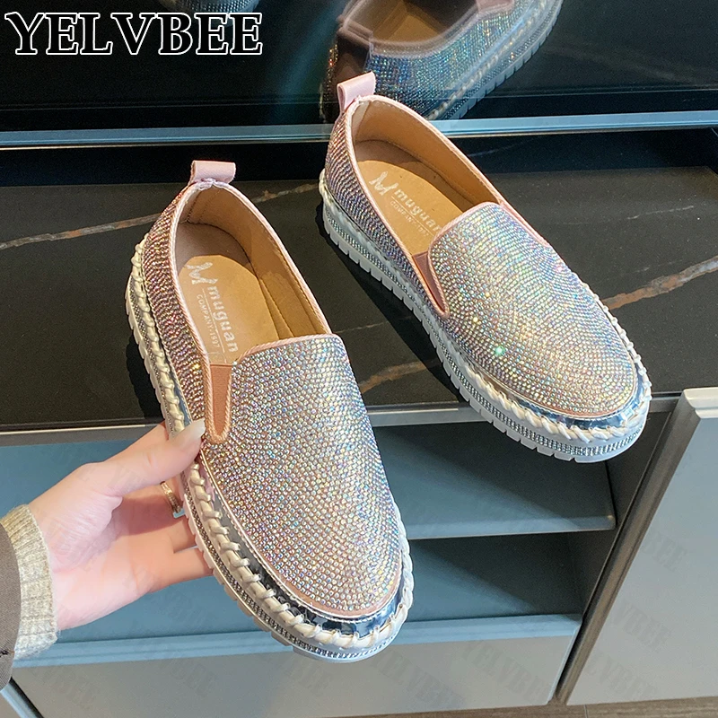 

2022 Crystal Platform Casual Women Shoes Spring Luxury Brand Fashion Flats Shallow Woman Vulcanized Shoes Travel Mujer Zapatos