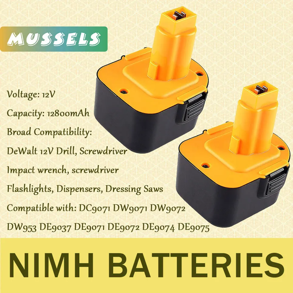 

Ni-Mh 12800mAh DC9071 Battery Compatible with DeWalt 12 Volt Battery DW9071 DW9072 DW953 DE9037 DE9071 Cordless Power Tools