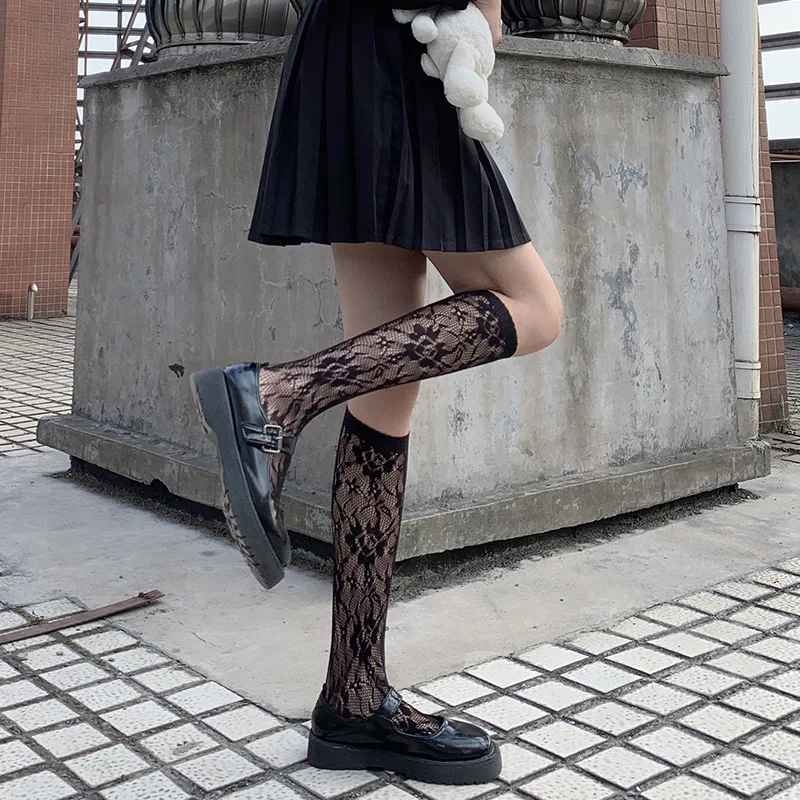 

Lolita Calf Socks JK Mid Tube Socks All-Match Black White Lace Long Hollow Thin Fishnet Stockings Women Girl Fashion Long Socks