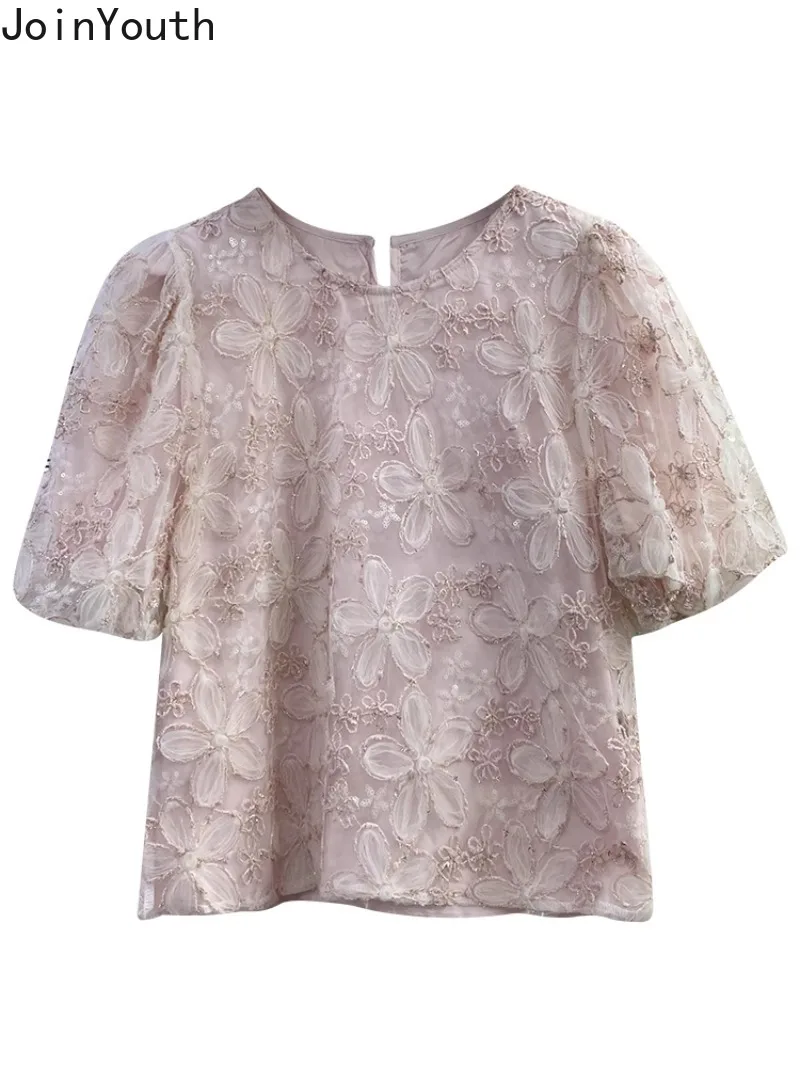 Женская блузка с вышивкой и круглым вырезом свободного покроя
