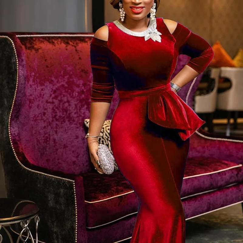 

Women Plus Size Dinner Evening Elegant Ladies Bodycon Peplum Ruffle Vintage Maxi Party Dress Retro Red Velvet Mermaid Long Dress