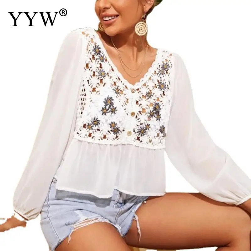 

European And American Women'S Crocheted Chiffon European and American Long-Sleeved Shirts Polyester Blouses Weddingdeep V