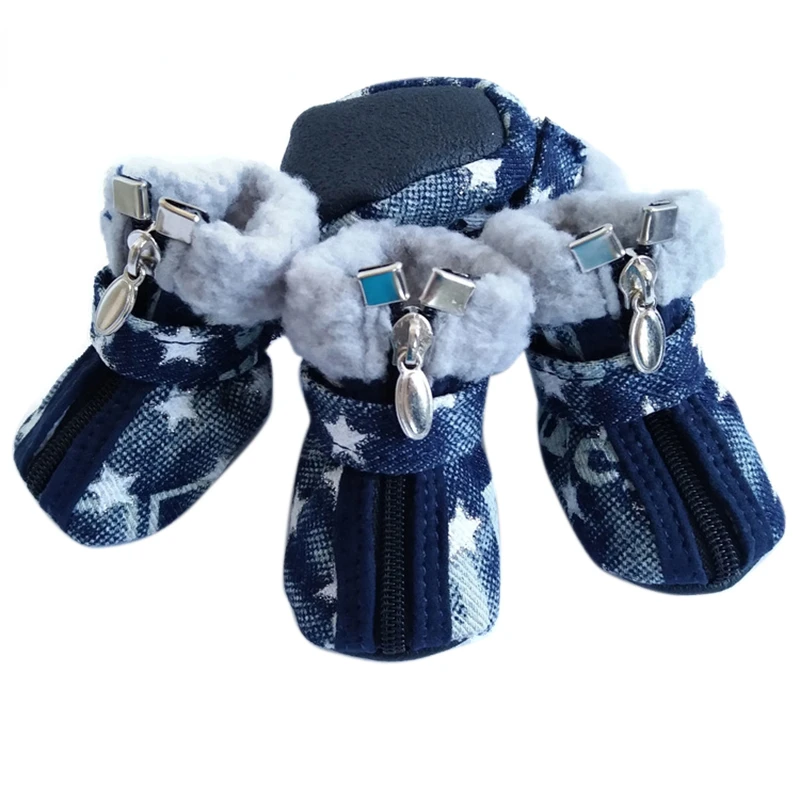 

4Pcs/set Winter Dog Shoes Antislip Snow Boots for Small Dogs Cats Thick Warm Puppy Denim Boots Waterproof Outdoor Pets Shoes