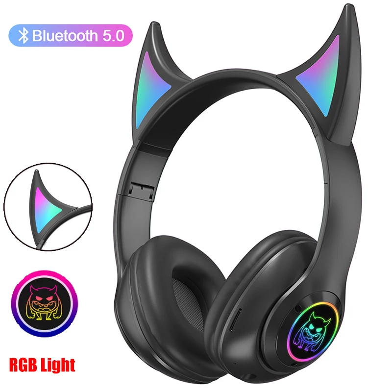 

Devil Ear Wireless Headphones with Mic Fone Glow Light Stereo Bass Children Girls Gifts Gamer Headset for Cell phone PC Helmets