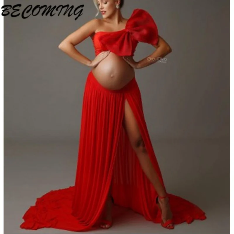 

Photoshoot Dress 2 in1 Chiffon Bow Maternity Photoshoot Dress Set Pregnant Woman Bowknot Photography Dress Sides Slit