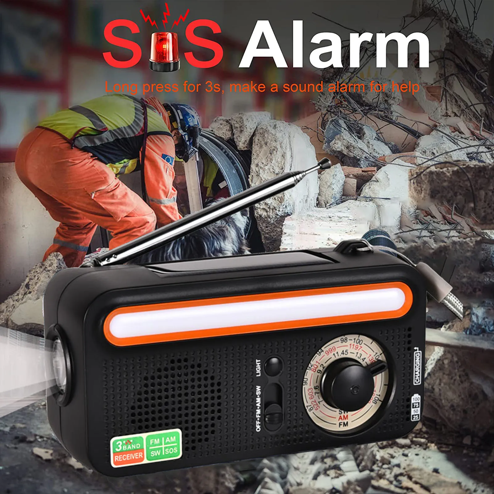 

2000mAh Emergency Radio Solar FM/AM/SW Weather Alert Radio Hand Crank Battery Powered USB Charging Survival Flashlight SOS Alarm