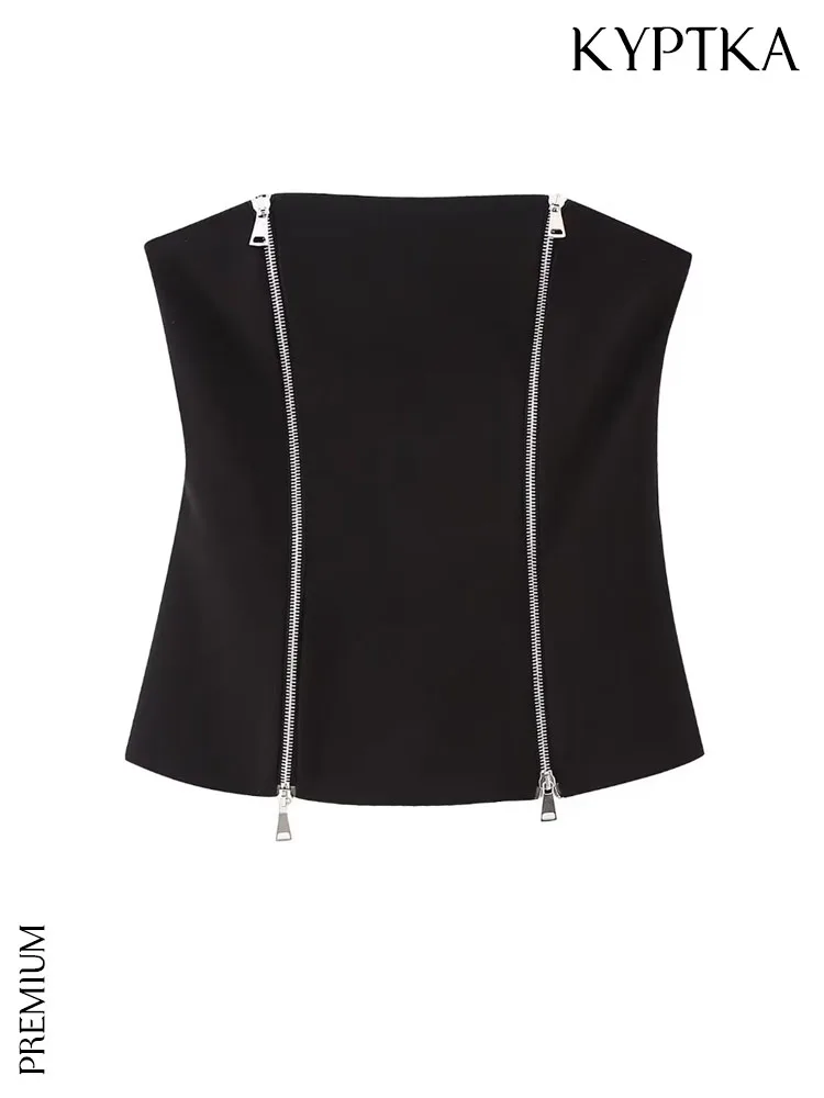 

KYPTKA Women Fashion With Zips Strapless Bustier Tops Sexy Off The Shoulder Straight Neck Female Camis Mujer