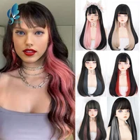 danbo long straight hair with bangs brown black synthetic gradient multicolor colorblock wig lolita wig