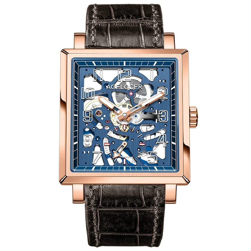 

AGELOCER Sapphire Blue Skeleton Mens Mechanical Watch Top Brand Luxury Waterproof 50m Fashion Mechanical Watch Clock