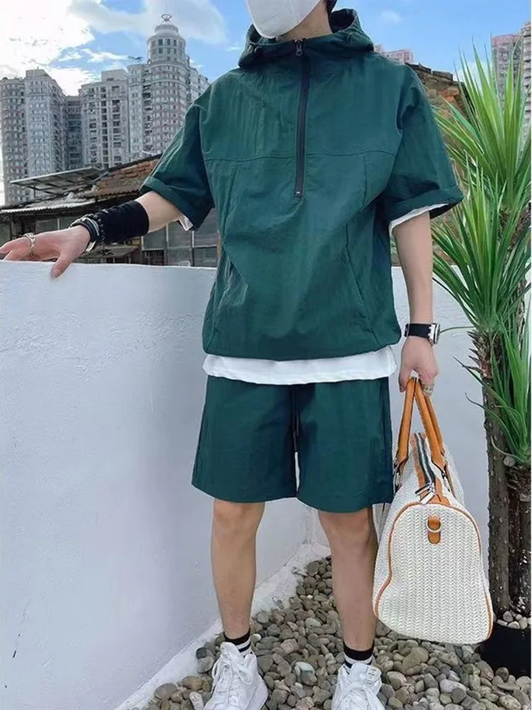 2Pcs Men Summer Tracksuit Shorts Set Hooded T Shirt Zipped + Matching Shorts Solid Cargo Large Size Casual Suit 4XL Male Clothes