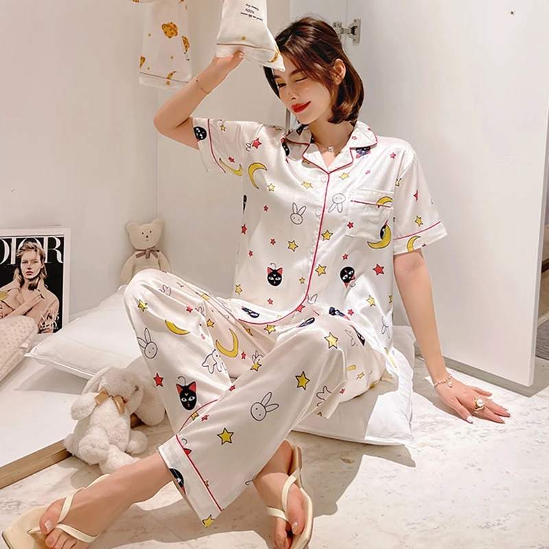 Women Silk Satin Pajamas Set Short Sleeve Long Trousers Pajamas Suit 2021 Button-Down Printed Sleepwear Loungewear Pyjamas Mujer