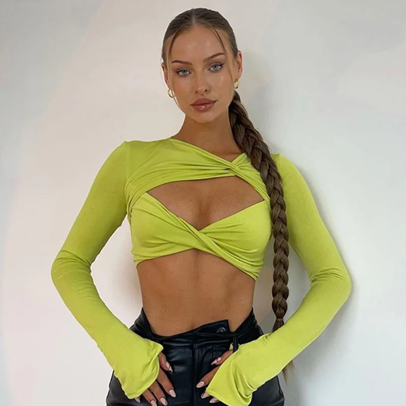 

Long Sleeve Autumn Women's Cropped Tops Cut Out Sexy Green Tops T-Shirts Wrap Elegant Top Tees Slim Hollow Out Y2k Aesthetic