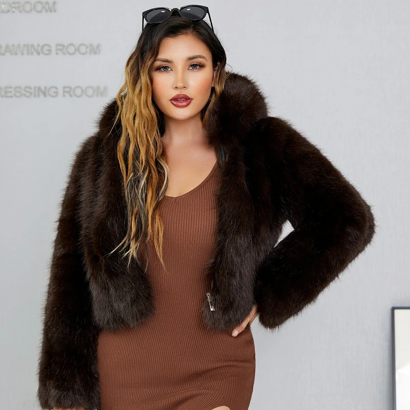 Winter Fashion Faux Fur Coat Women Clothing Short Hood Stitching Imitation Fur Overcoat Women