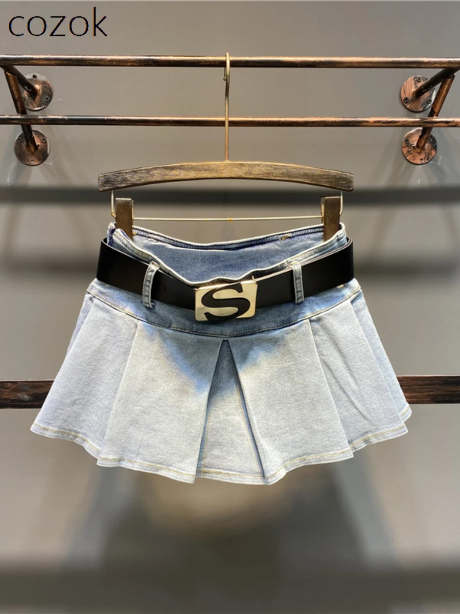 

Fashion Pleated Skirt Ruffled Denim Skirt Women's Sweet Anti-Exposure Lined Skirt 2023 Summer A- Line Light Color Elastic Skirts