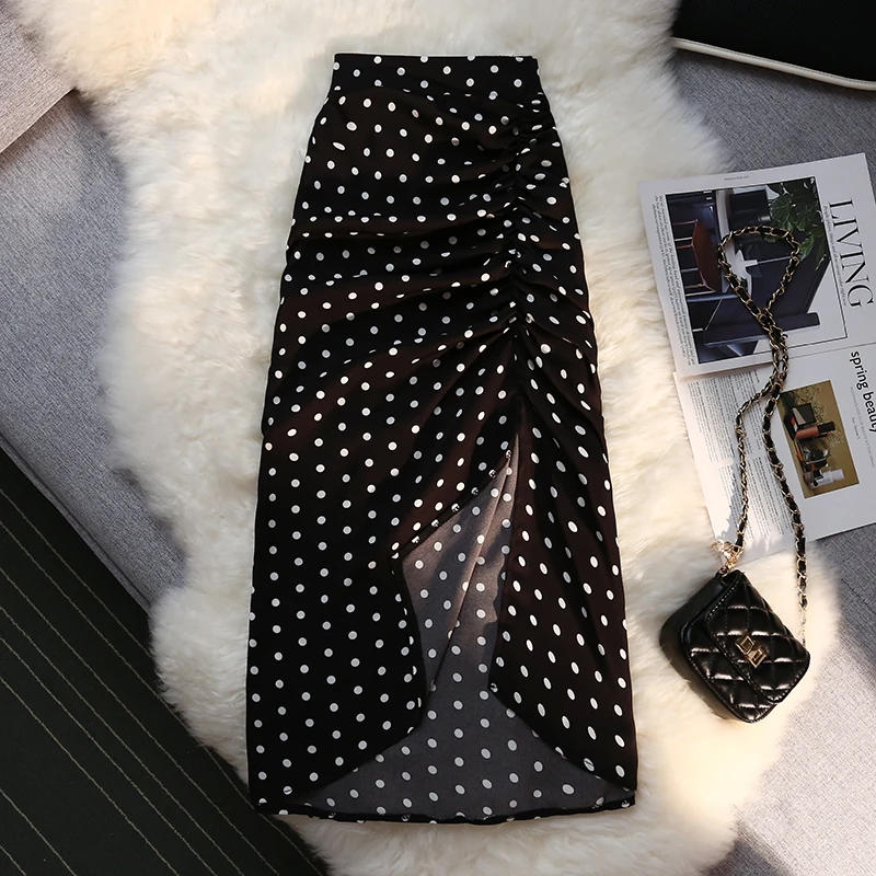 

Fashionable Wave Dot Chiffon Skirt Women's Summer High Waist Side Split Pleated Design Mid Length Wrap Hip Long Skirt 2023